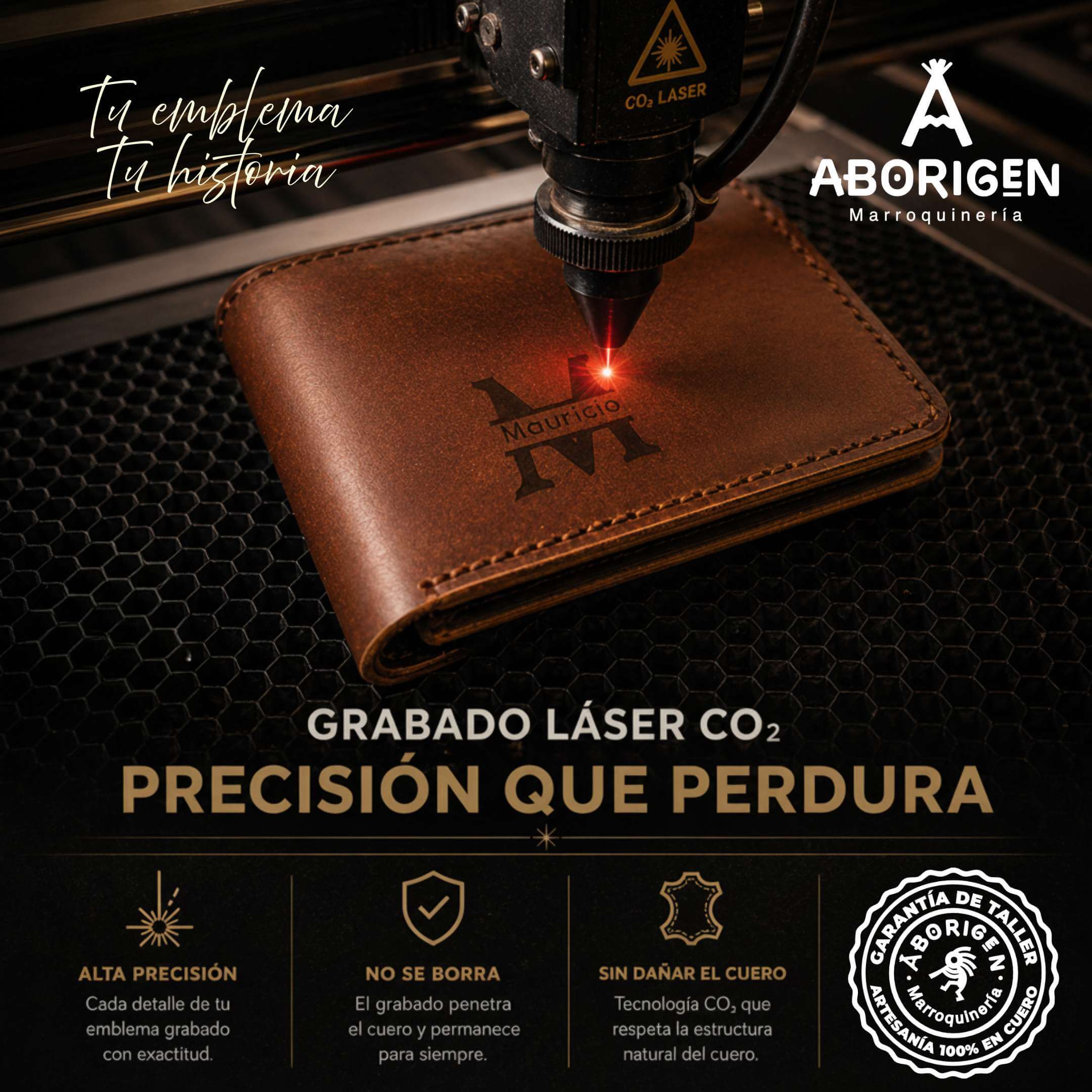 Detalle de grabado láser sobre cuero genuino