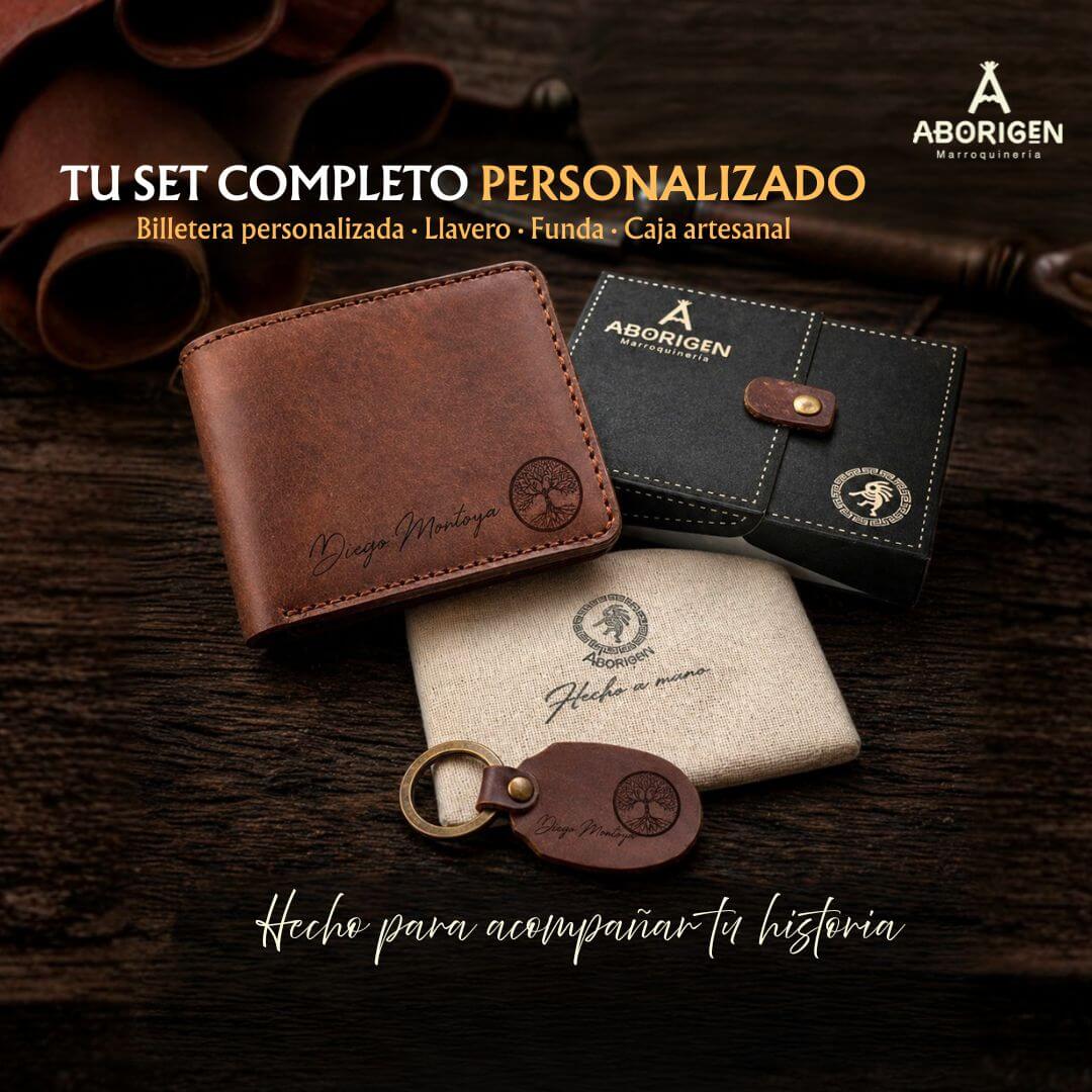 Set completo Aborigen con billetera personalizada, llavero, funda y caja